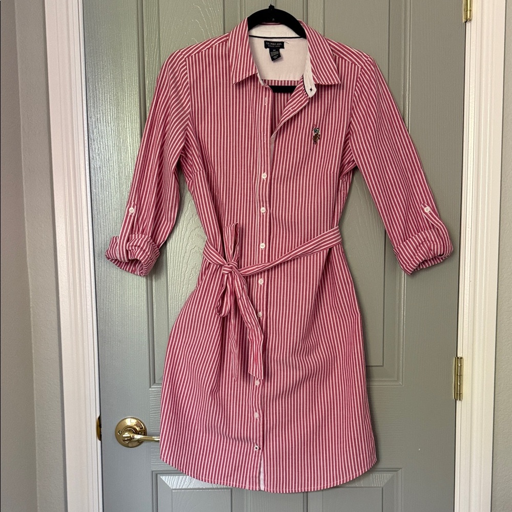 U.S. Polo Assn. Pink and White Striped Shirt Midi Dress with Tie Waist